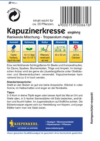 Kapuzinerkresse - rankend, essbar